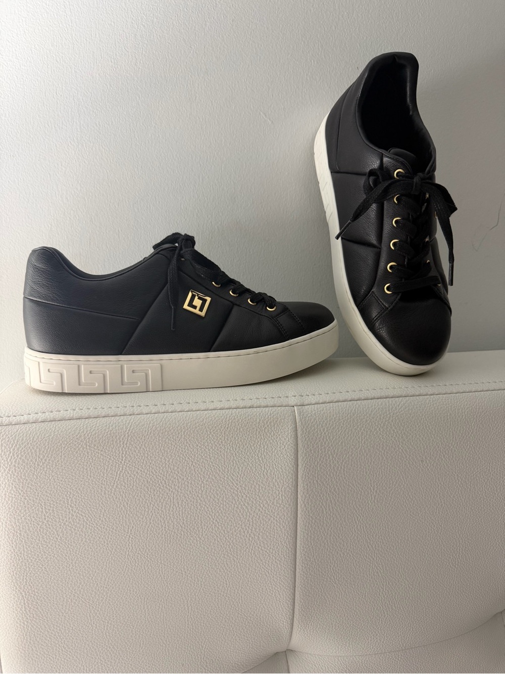 LUZ DA LUA Brazil Black Leather Platform Sneakers with Gold Accent